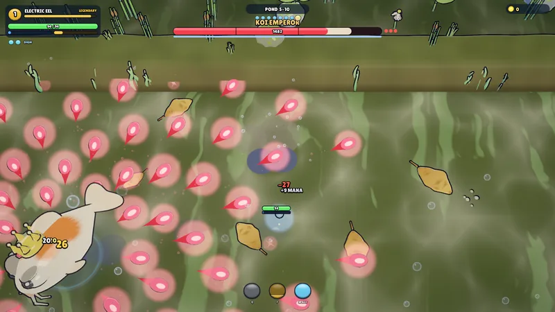 An electric eel fighting the Koi Emperor, the boss of the Pond.