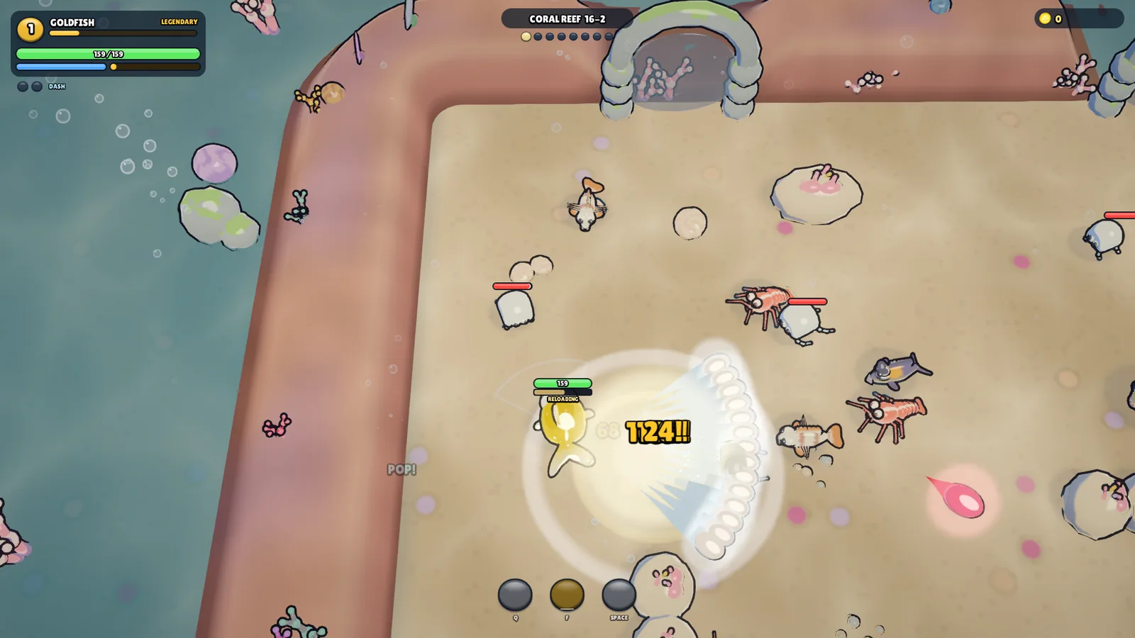 A goldfish lands a big critical hit on a crowd of enemies in the Coral Reef.