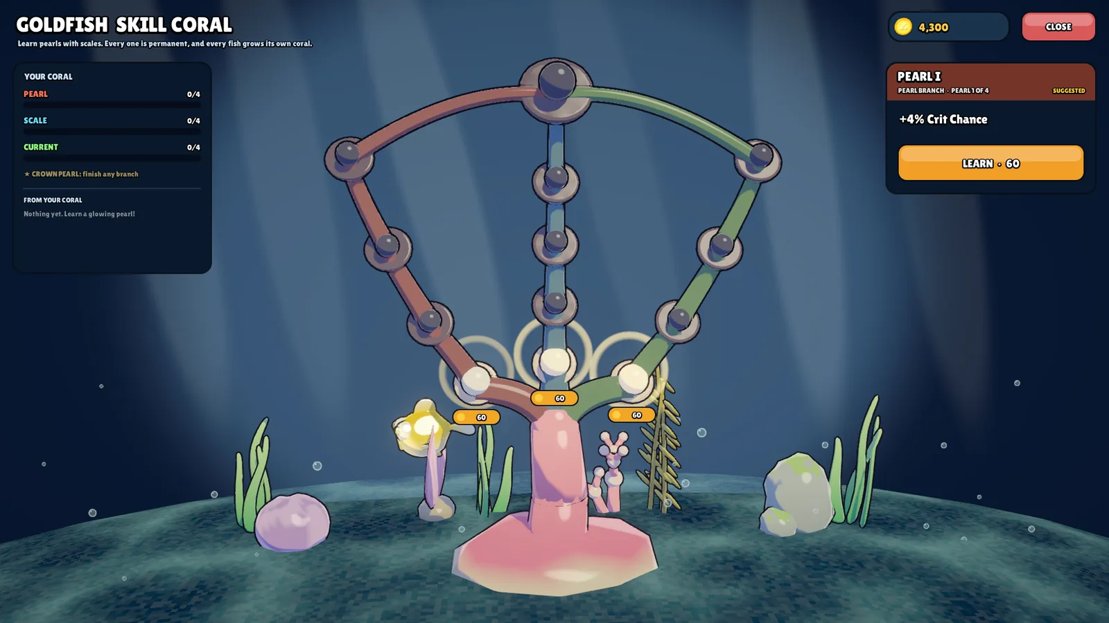 The goldfish's skill coral, where scales buy permanent upgrades.